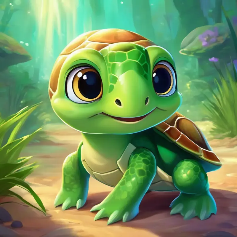 Shiny green shell, big, curious eyes, friendly smile returns home and shares her adventure tales with her turtle friends.