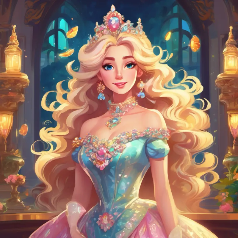 Introduction: Grand manor, extravagant Extravagant lady with long, glittery hair, wearing sparkly garish clothes, and her silly Clumsy but kind-hearted maids with playful and comical nature.