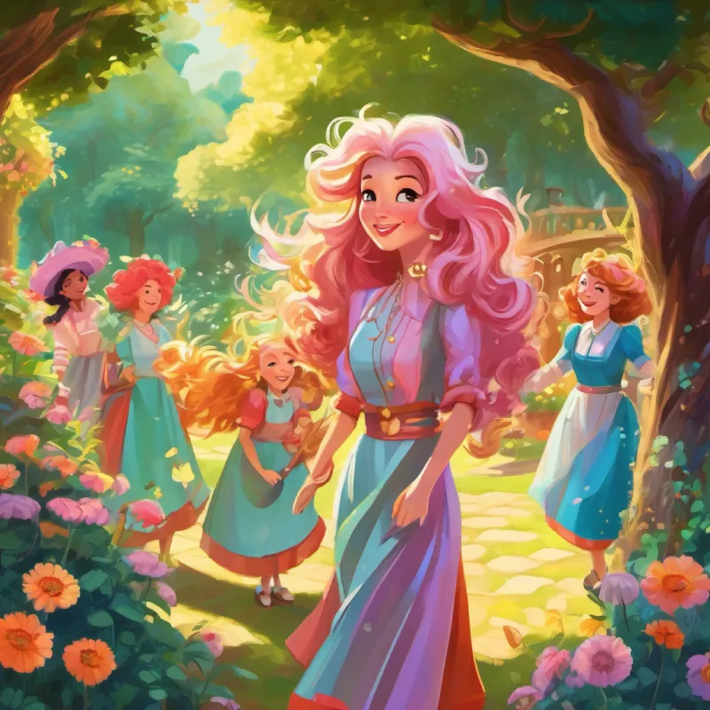 The Extravagant lady with long, glittery hair, wearing sparkly garish clothes and her Clumsy but kind-hearted maids with playful and comical nature venture into the garden on a sunny afternoon.