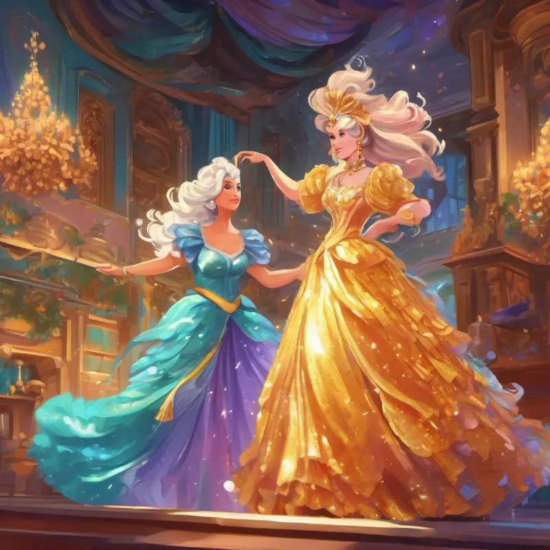 The Extravagant lady with long, glittery hair, wearing sparkly garish clothes's dress causes trouble as the Clumsy but kind-hearted maids with playful and comical nature try to assist her.