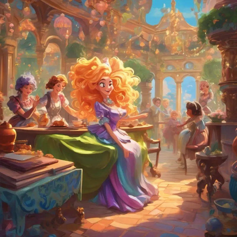 Playful and comical dialogues between the Extravagant lady with long, glittery hair, wearing sparkly garish clothes and her Clumsy but kind-hearted maids with playful and comical nature.