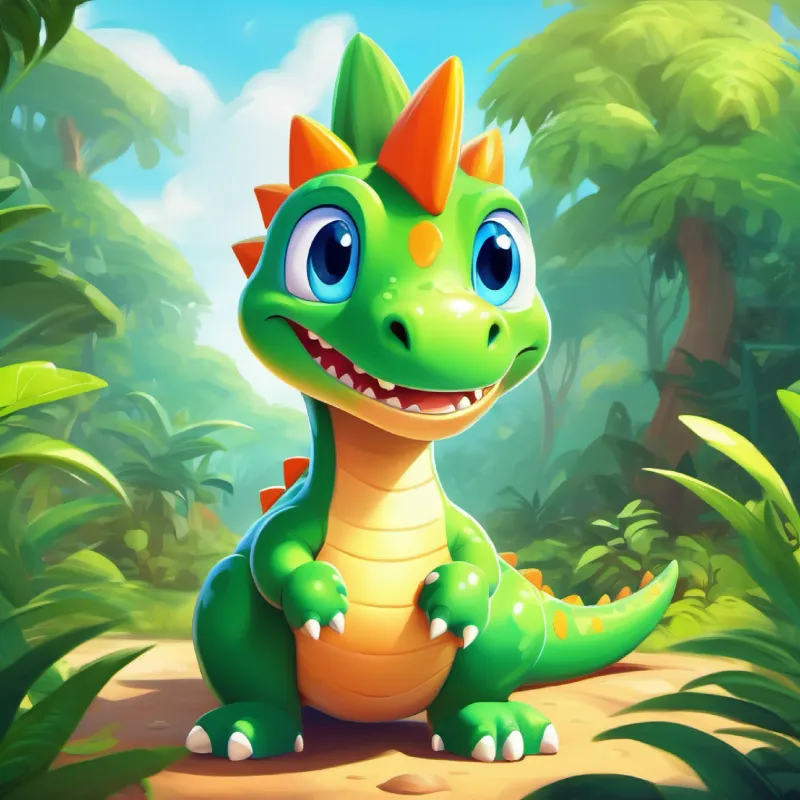 Introducing A cute dinosaur with green skin and big, friendly blue eyes, sunny day at jungle playground