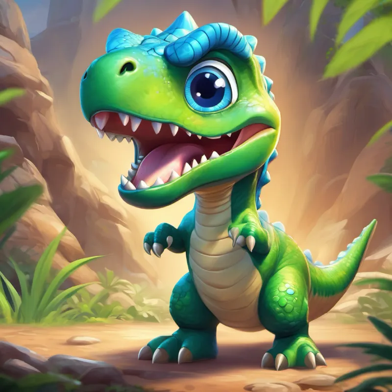 A cute dinosaur with green skin and big, friendly blue eyes playing games, showing quick temper