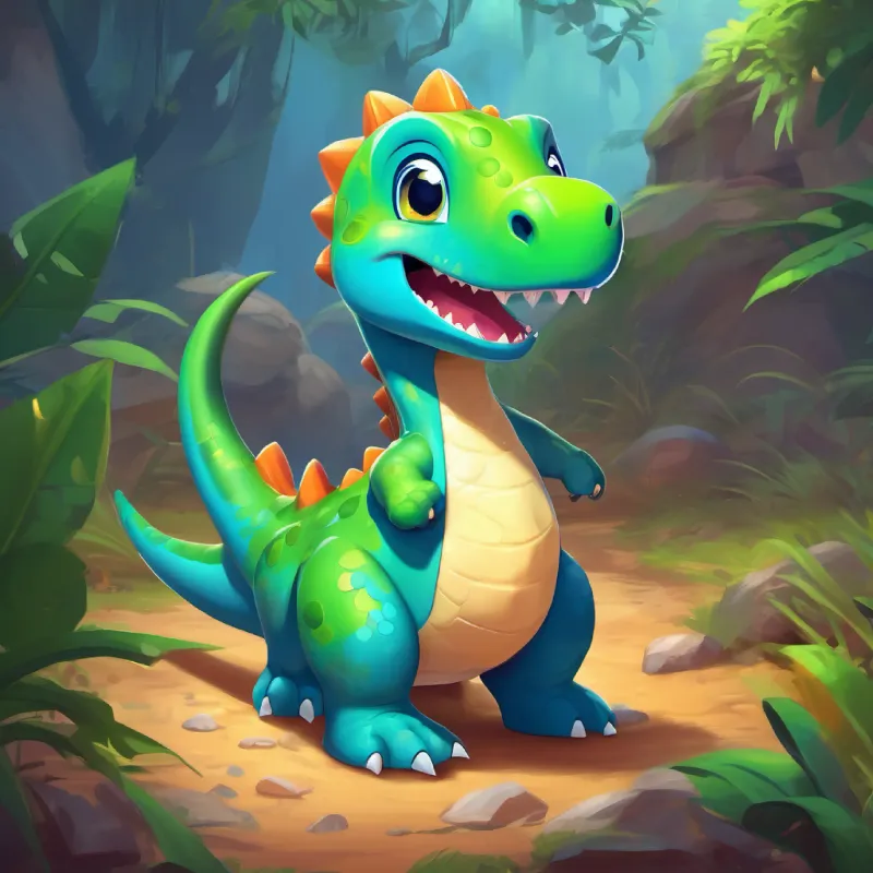 A cute dinosaur with green skin and big, friendly blue eyes ruins a game, reacts badly