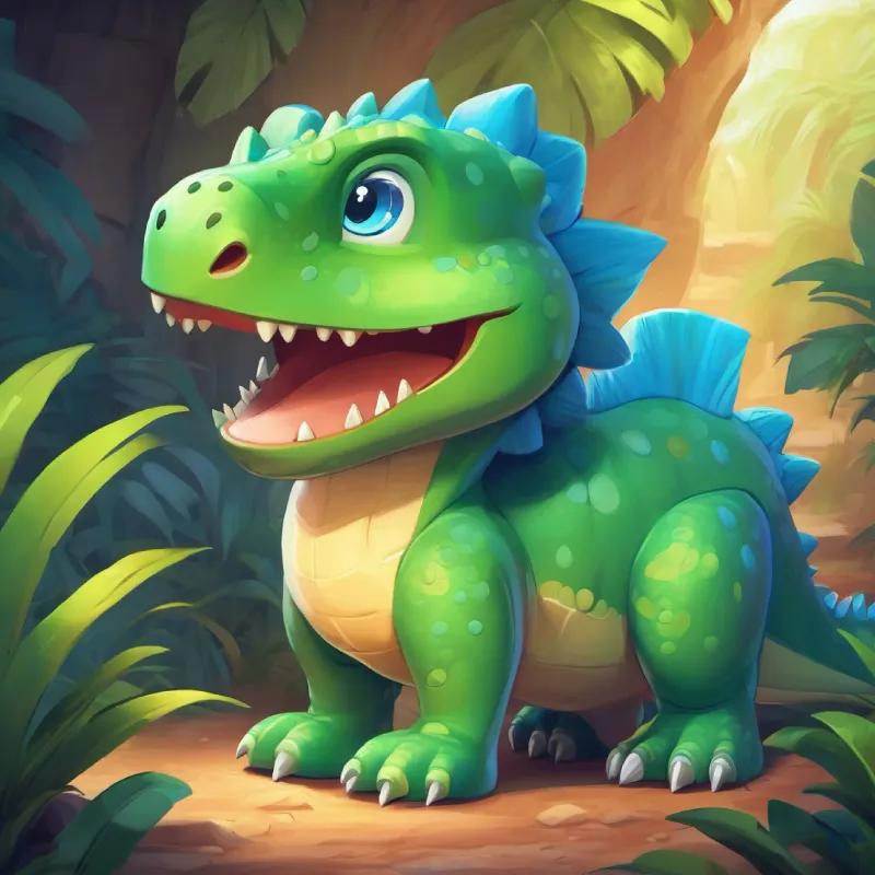 Friends avoid A cute dinosaur with green skin and big, friendly blue eyes, he feels sad