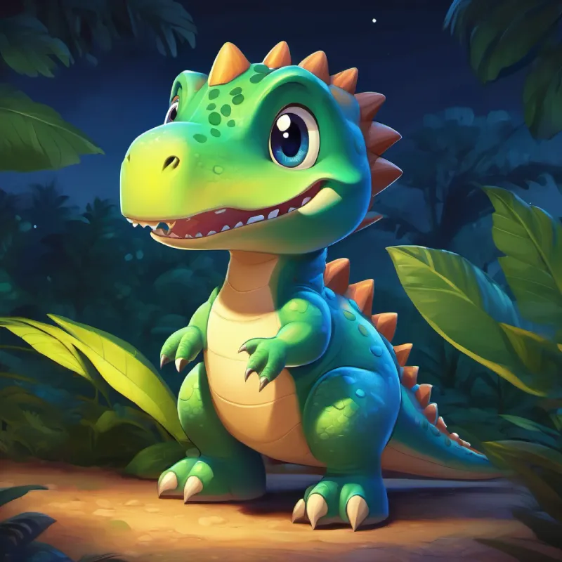 A cute dinosaur with green skin and big, friendly blue eyes talks to parents at night, learning lesson
