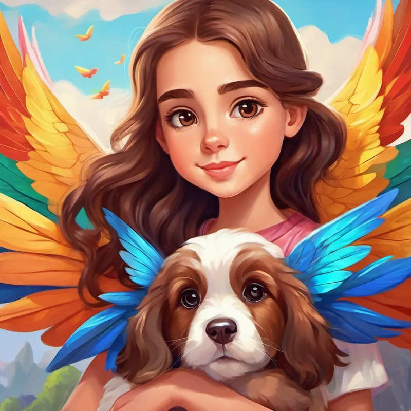 Kind girl with brown hair and a caring heart holding a puppy with colorful wings