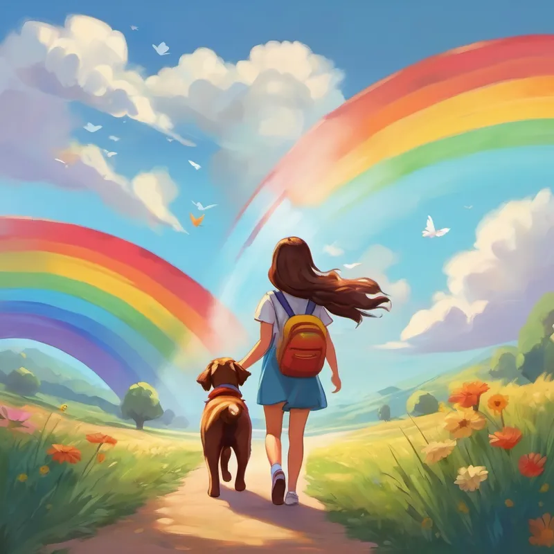 Kind girl with brown hair and a caring heart and Puppy with rainbow wings and a playful spirit happily walking home together