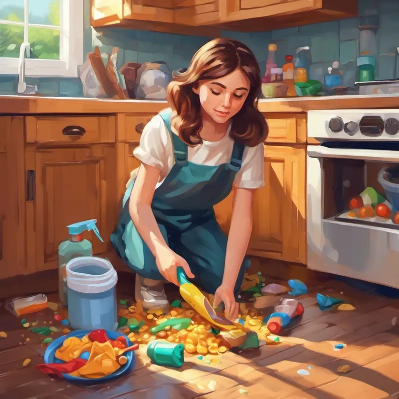 Kind girl with brown hair and a caring heart cleaning up spilled food and toys