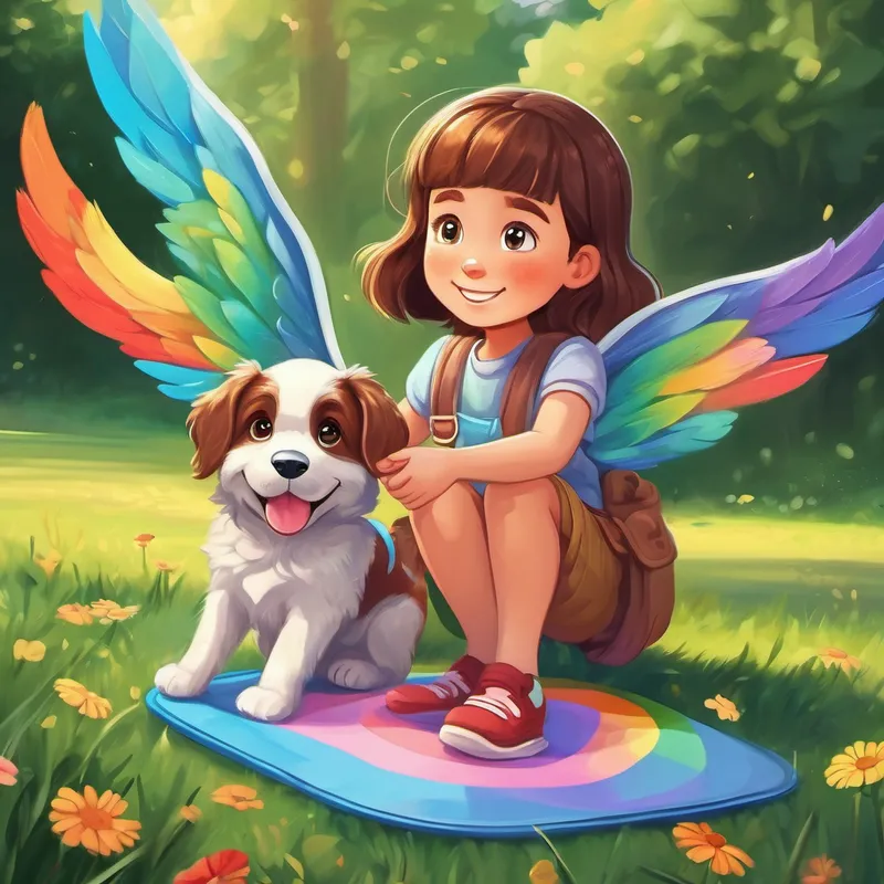 Kind girl with brown hair and a caring heart and Puppy with rainbow wings and a playful spirit playing outside with a potty mat