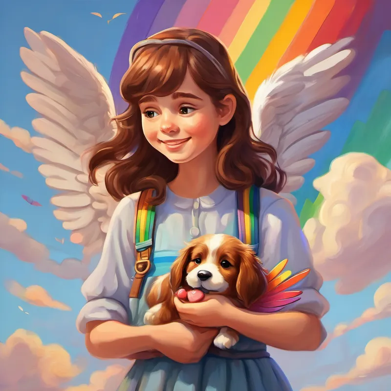 Kind girl with brown hair and a caring heart holding a chewed shoe and talking to Puppy with rainbow wings and a playful spirit