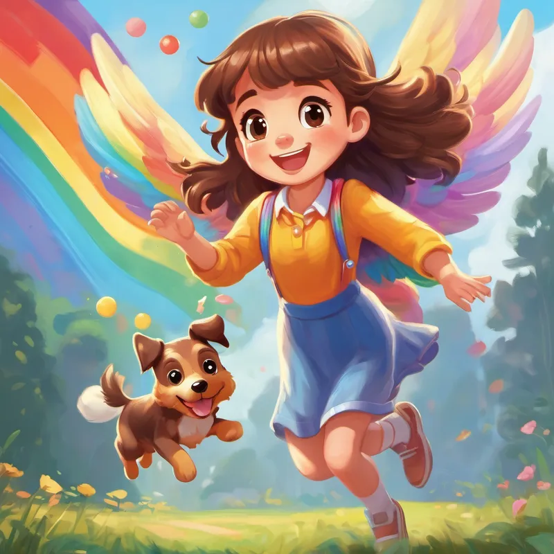 Kind girl with brown hair and a caring heart throwing a ball while Puppy with rainbow wings and a playful spirit jumps happily