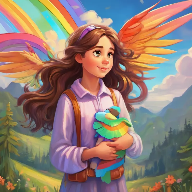 Kind girl with brown hair and a caring heart searching for Puppy with rainbow wings and a playful spirit with a worried expression