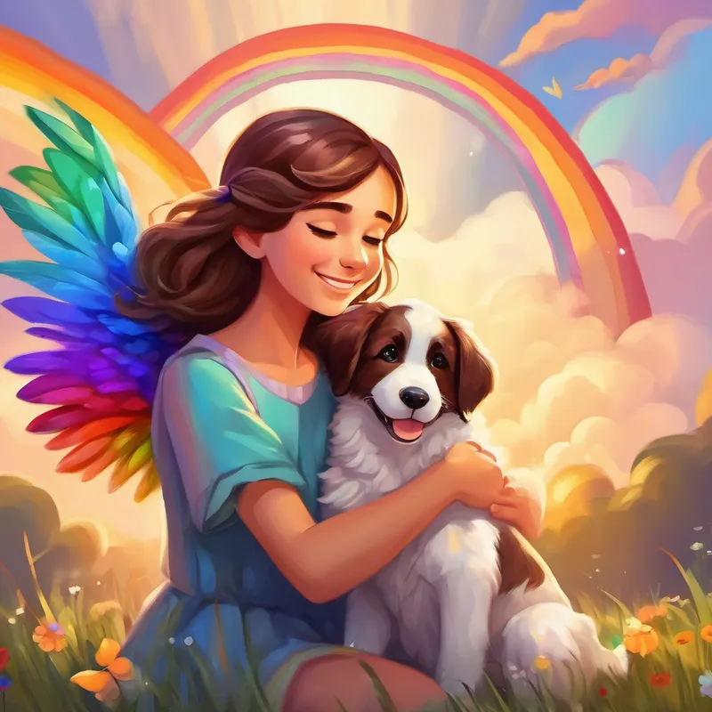 Kind girl with brown hair and a caring heart hugging Puppy with rainbow wings and a playful spirit tightly with a relieved smile
