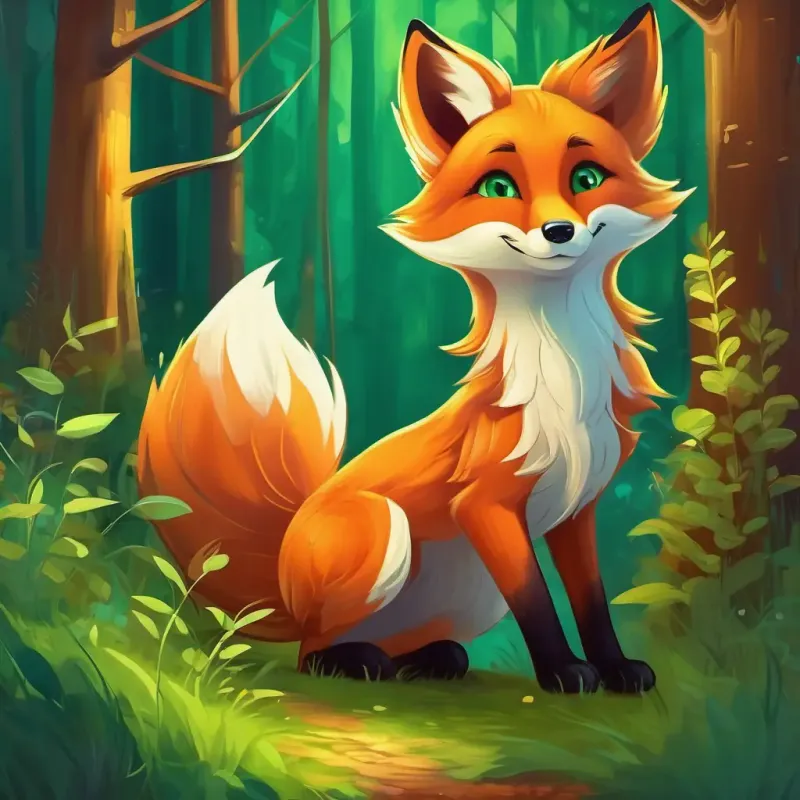 Magical forest, Young fox, orange fur, bright green eyes, changes color with emotions the fox, colorful playfulness