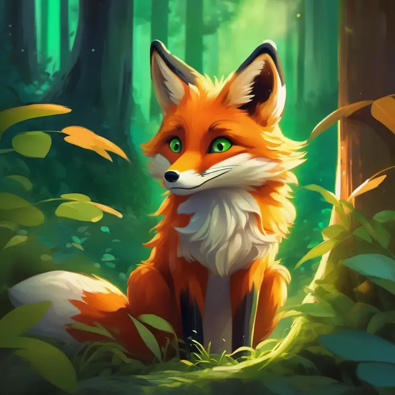 Hidden forest, mysterious creatures, Young fox, orange fur, bright green eyes, changes color with emotions's discovery