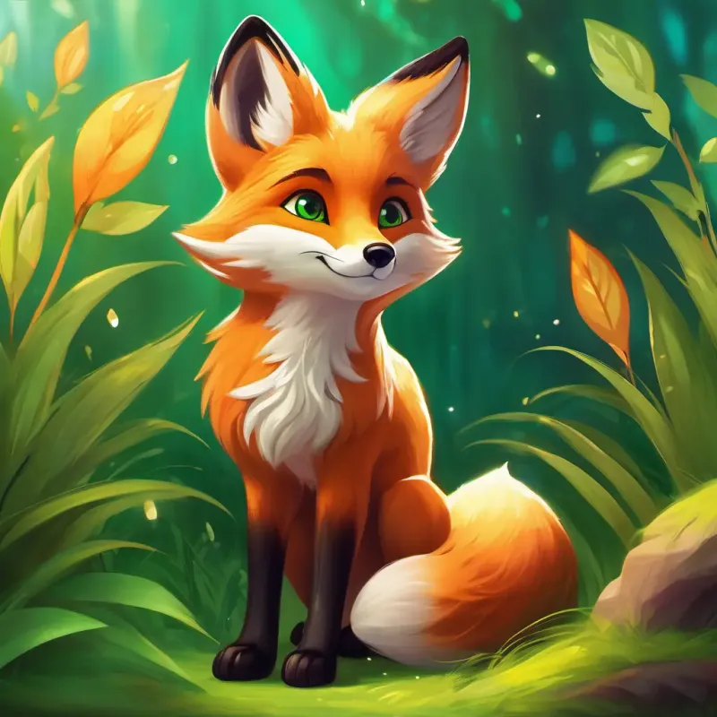 Young fox, orange fur, bright green eyes, changes color with emotions's adventure, legendary crystal, full of excitement