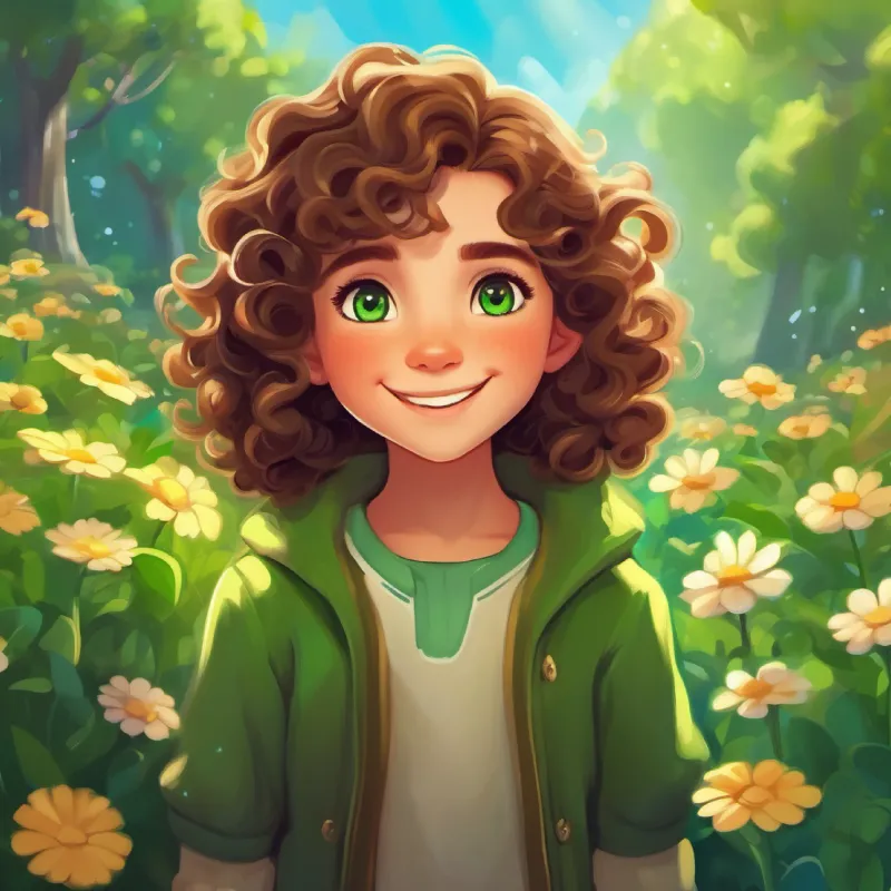 Introduction to the main character, Curly brown hair, bright green eyes, always wearing a smile, in a magical land.