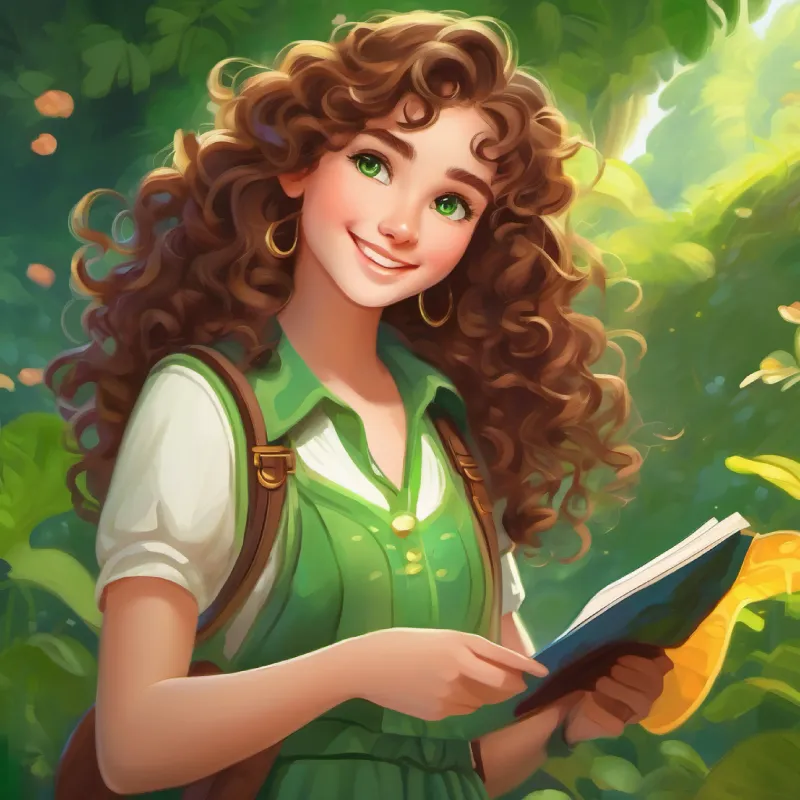 Curly brown hair, bright green eyes, always wearing a smile's favorite activities in her magical world.