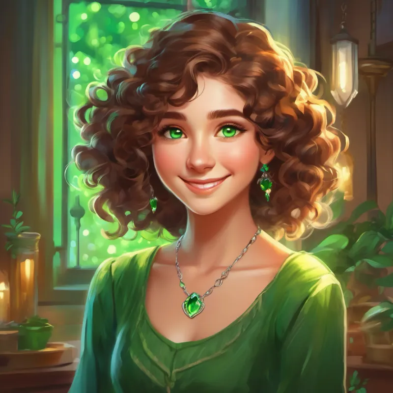 Curly brown hair, bright green eyes, always wearing a smile finding the magical silver necklace.