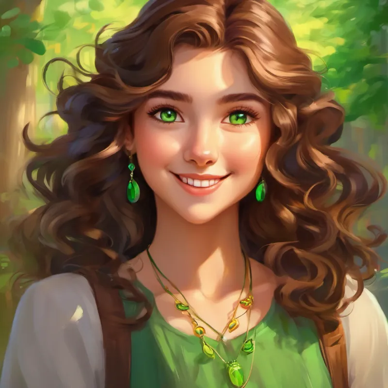 The special message on the necklace and Curly brown hair, bright green eyes, always wearing a smile's emotions.