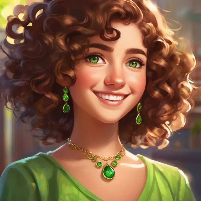 Curly brown hair, bright green eyes, always wearing a smile sharing the necklace with her friends and their reactions.