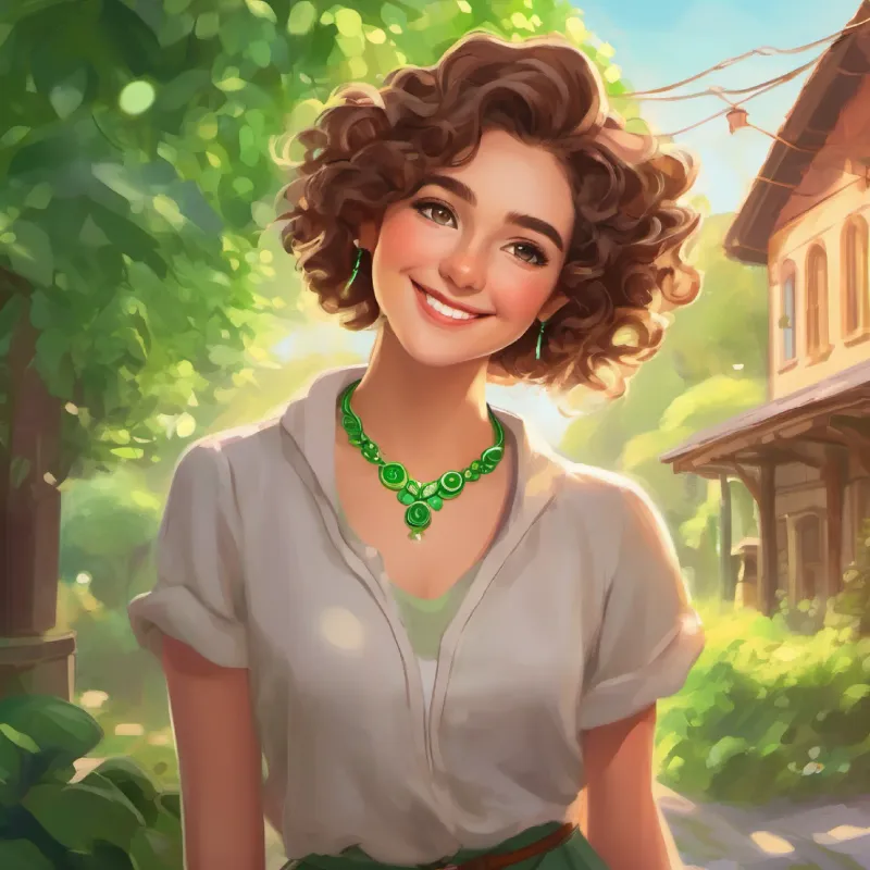 Curly brown hair, bright green eyes, always wearing a smile cherishing the necklace and feeling loved.