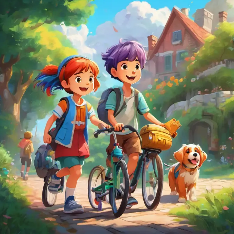 Rainbow colored hair, cheerful girl with a magical medical bag and Loyal dog friend with wagging tail and a playful demeanor hear a noise and rush to help A little boy with a scraped knee and a sad face, a boy who has fallen off his bike.