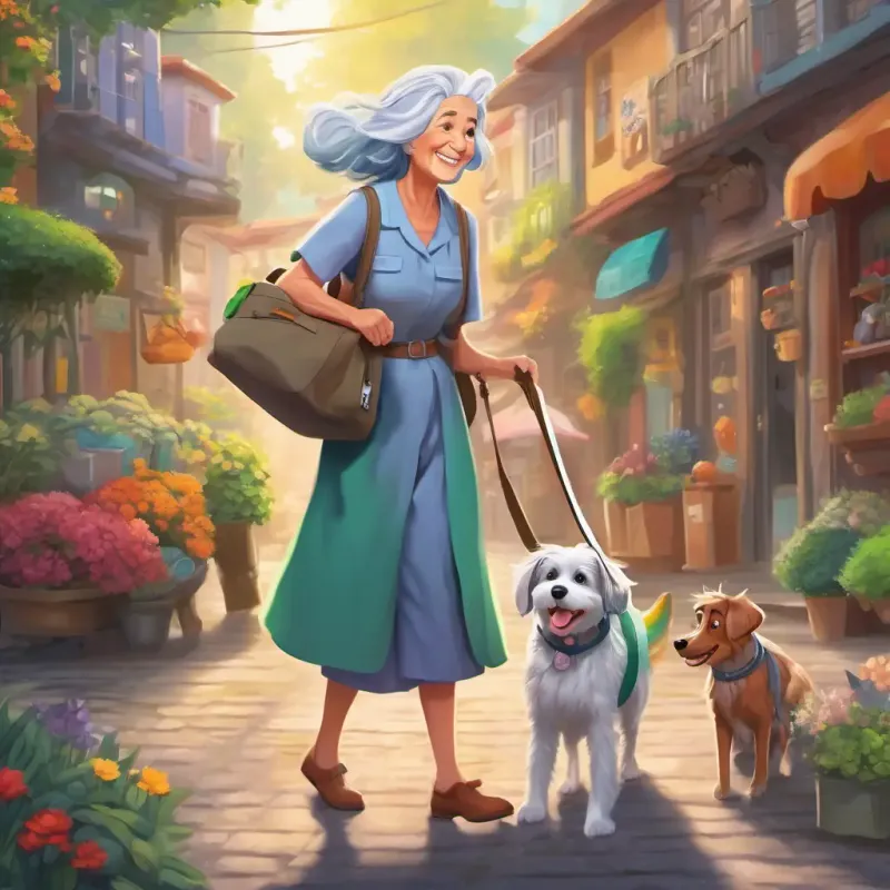 Rainbow colored hair, cheerful girl with a magical medical bag and Loyal dog friend with wagging tail and a playful demeanor help Old lady with gray hair, carrying heavy groceries carry her groceries using the magical medical bag.