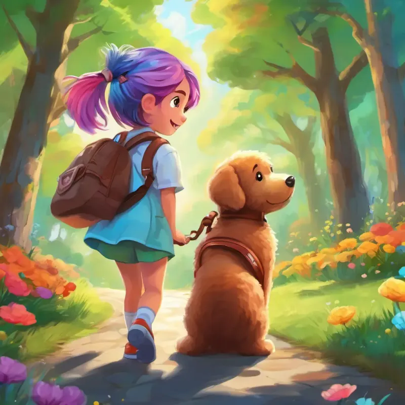 Rainbow colored hair, cheerful girl with a magical medical bag and Loyal dog friend with wagging tail and a playful demeanor find A little girl searching for her lost teddy bear's lost teddy bear in the park.