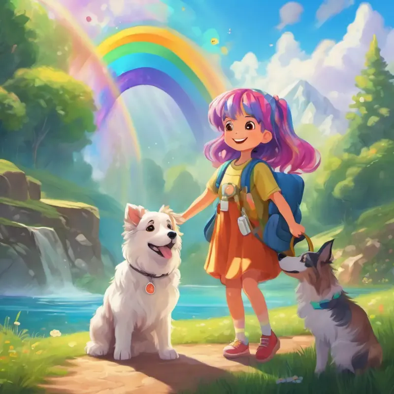 Rainbow colored hair, cheerful girl with a magical medical bag and Loyal dog friend with wagging tail and a playful demeanor learn the importance of friendship and helping others.
