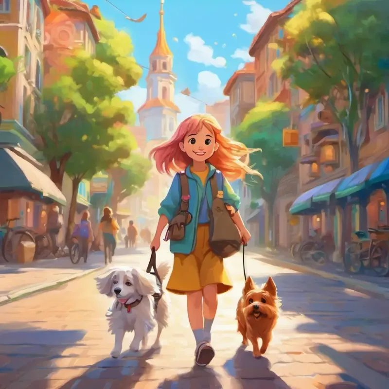 Cheerful young girl with long rainbow colored hair and a magical medical bag, walks around town with her loyal light brown short haired dog friend with a wagging tail and a playful demeanor.