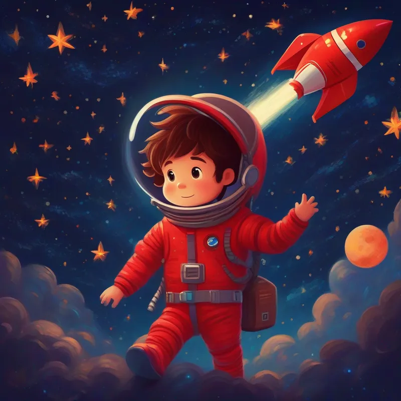 Boy with messy brown hair, wearing a red spacesuit and rocket flying through the starry night sky.