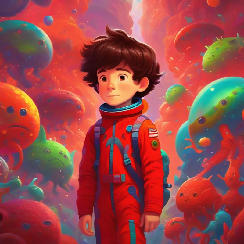 Boy with messy brown hair, wearing a red spacesuit surrounded by colorful aliens with peculiar features.