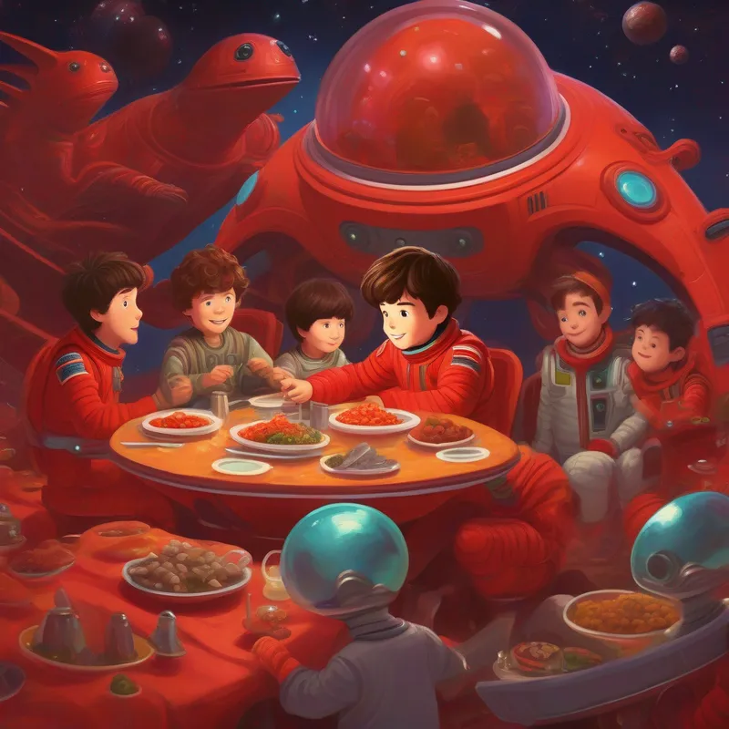 Boy with messy brown hair, wearing a red spacesuit and aliens seated around a spaceship-shaped dinner table.