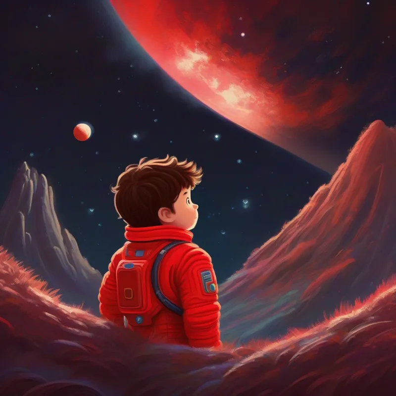 Boy with messy brown hair, wearing a red spacesuit engaging in conversation with the aliens, showcasing their moon life.