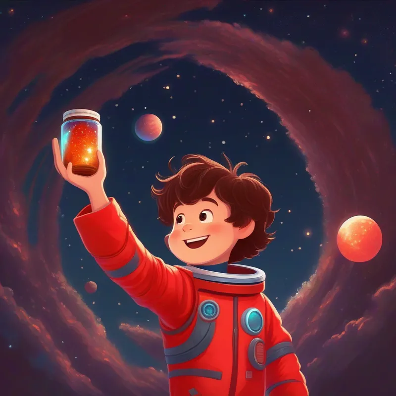 Boy with messy brown hair, wearing a red spacesuit waving goodbye to the aliens while holding a jar of glowing moon dust.