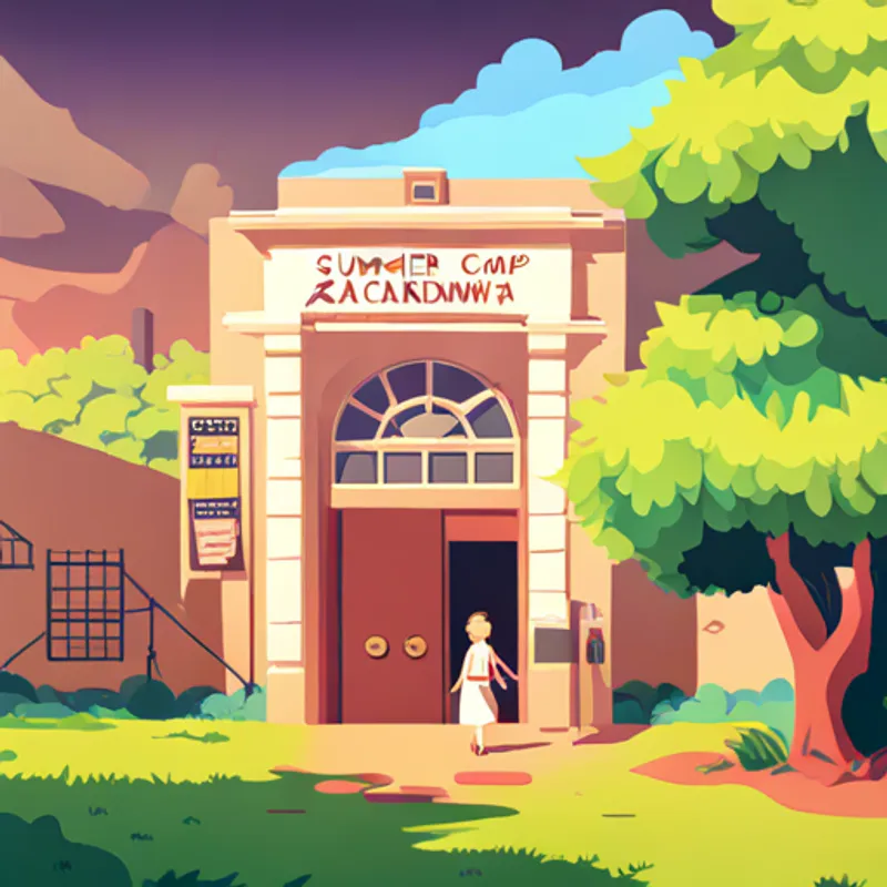 The exterior of the Columbus Fashion Academy with a sign that reads 'Summer Camp' girlren are seen entering, and the sun is shining brightly