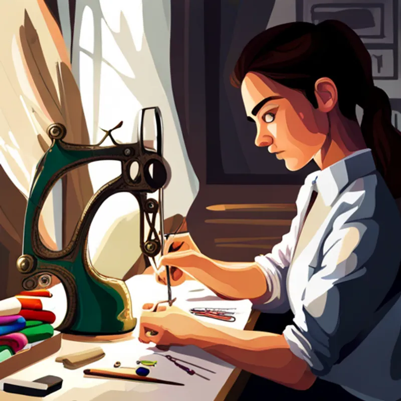 Creative, confident young designer with dreamy eyes drawing sketches and sewing colorful fabrics