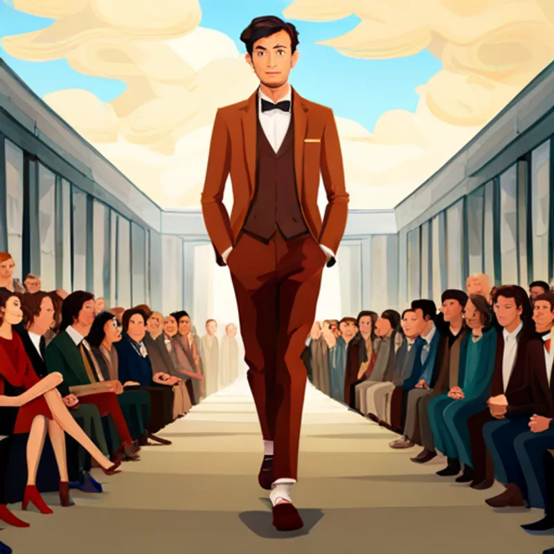 Creative, confident young designer with dreamy eyes walking confidently down the runway, with amazed audience members