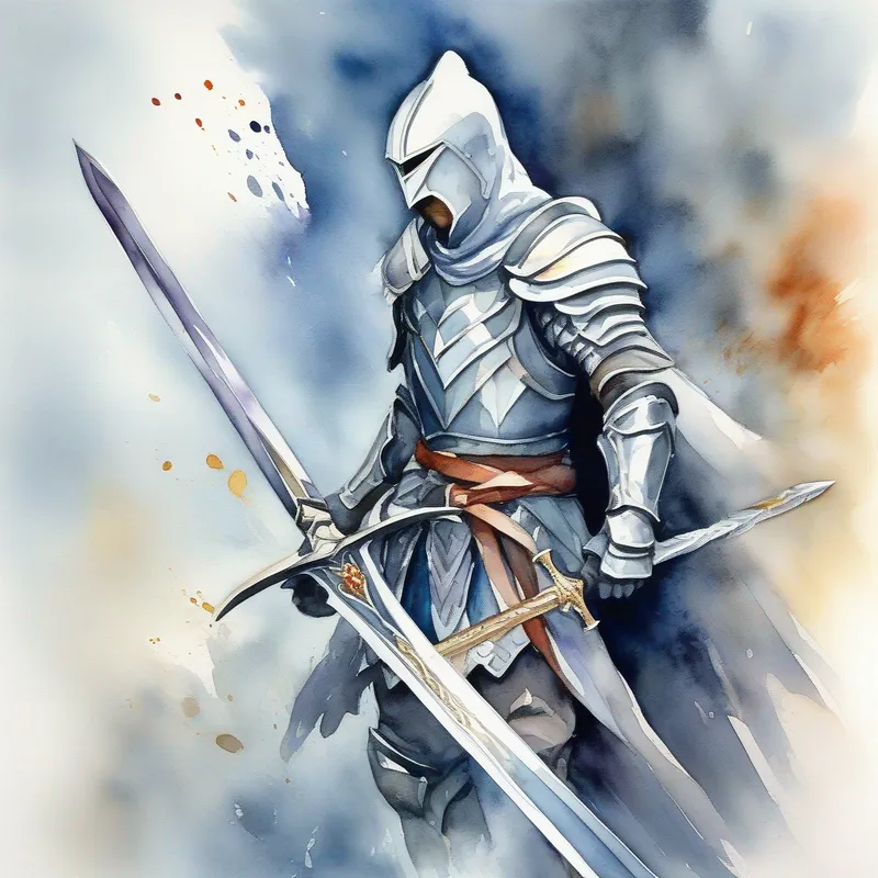 Brave, determined, silver sword, silver armor, sense of responsibility facing challenges and doubts, shadows whispering