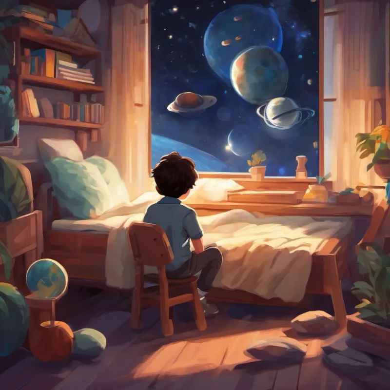 Introduction, Young boy, adventurous spirit, dark hair, brown eyes in his bedroom, dreaming of space adventure.