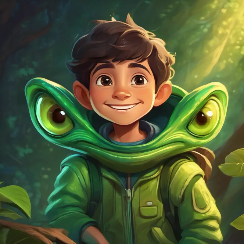 Tiny alien, green skin, large friendly eyes, always smiling the alien appears, invites Young boy, adventurous spirit, dark hair, brown eyes for a real adventure.