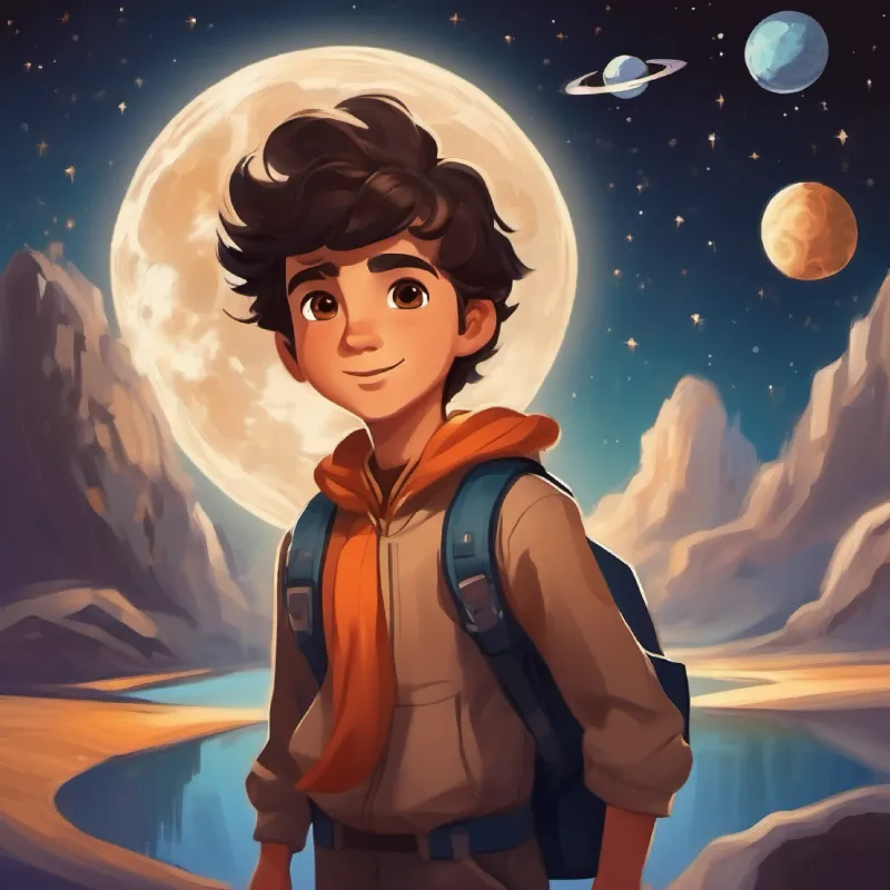 Young boy, adventurous spirit, dark hair, brown eyes accepts the invitation, begins the journey to the moon.