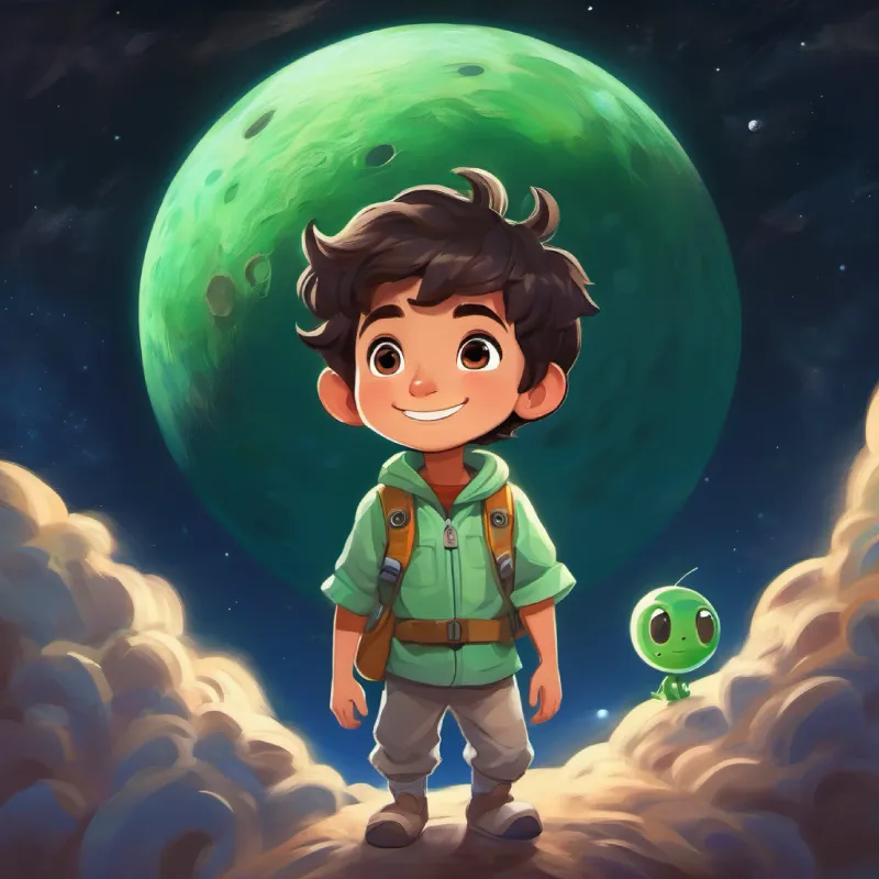 Young boy, adventurous spirit, dark hair, brown eyes and Tiny alien, green skin, large friendly eyes, always smiling play on the moon, enjoying the low gravity.