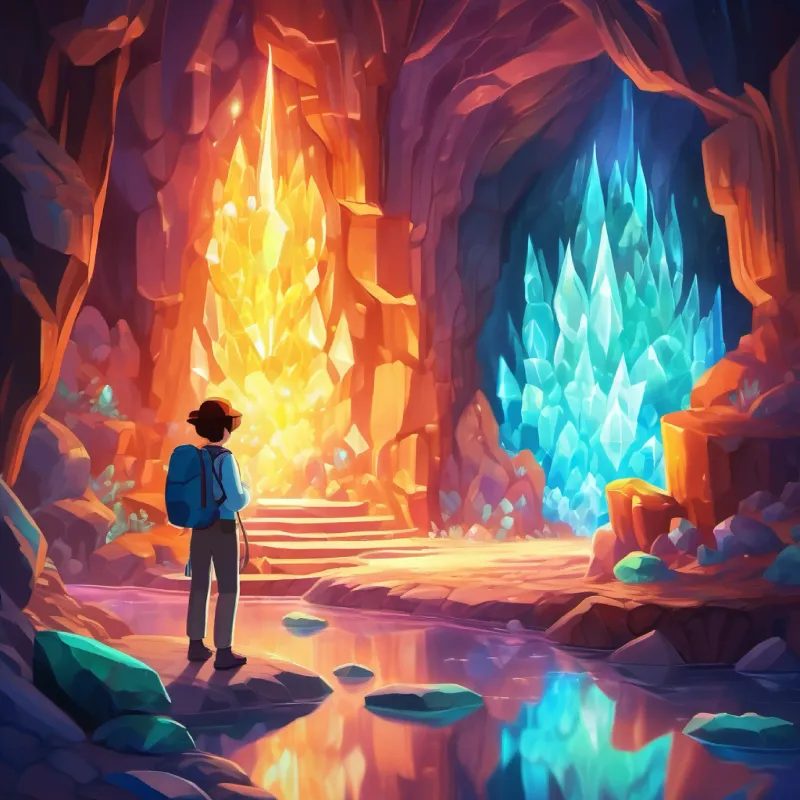 Discovery of a glowing cavern filled with magic crystals.