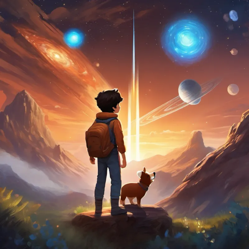 Young boy, adventurous spirit, dark hair, brown eyes's wish brings his friends, they play an interstellar game.