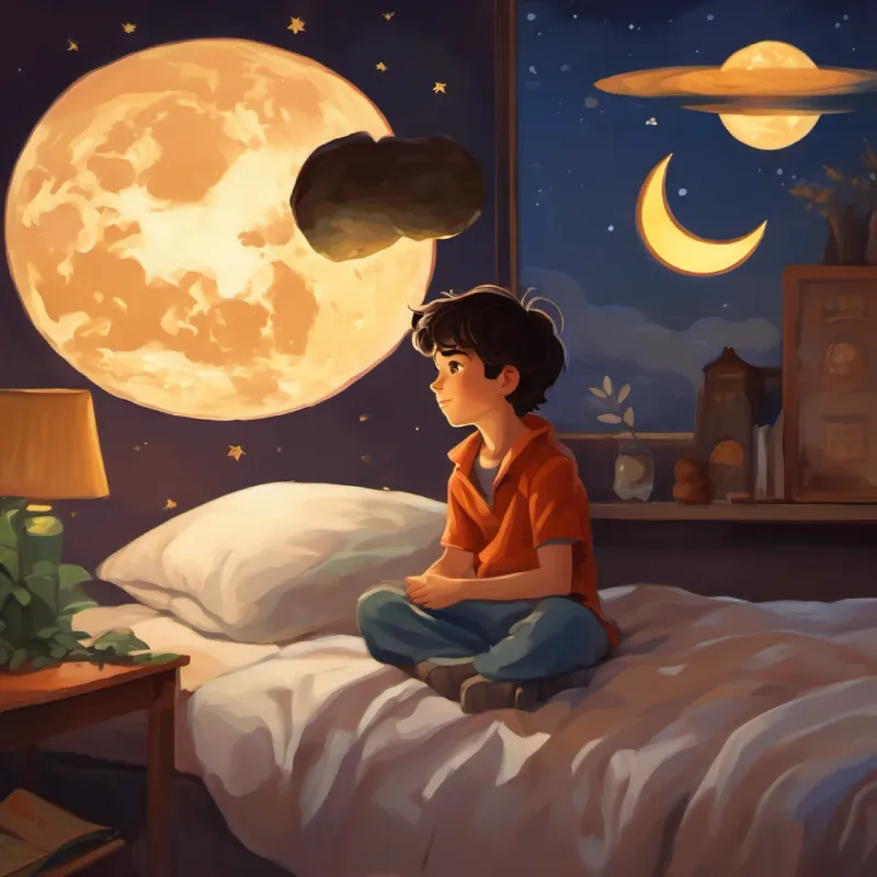 Return to Earth, bedtime, Young boy, adventurous spirit, dark hair, brown eyes sleeps with moon rock souvenir.