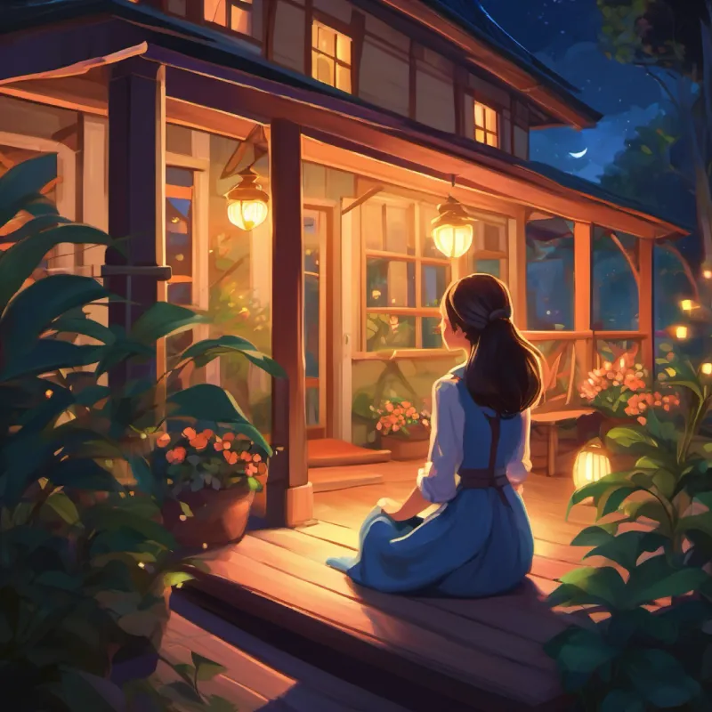 Lily, sitting on porch at night, yearns for a magical place.