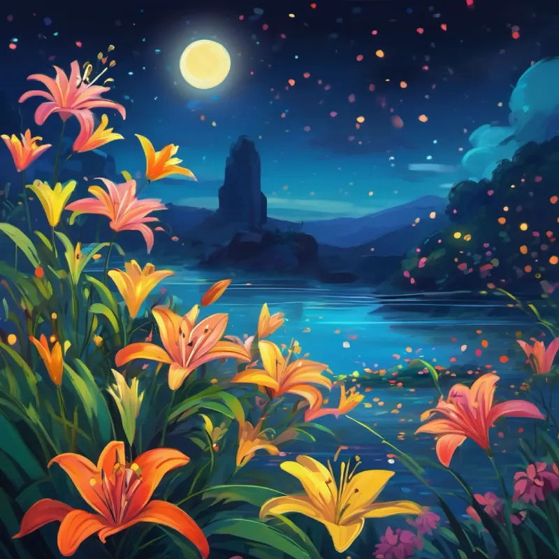 Lily imagines colorful flowers swaying, nighttime setting.